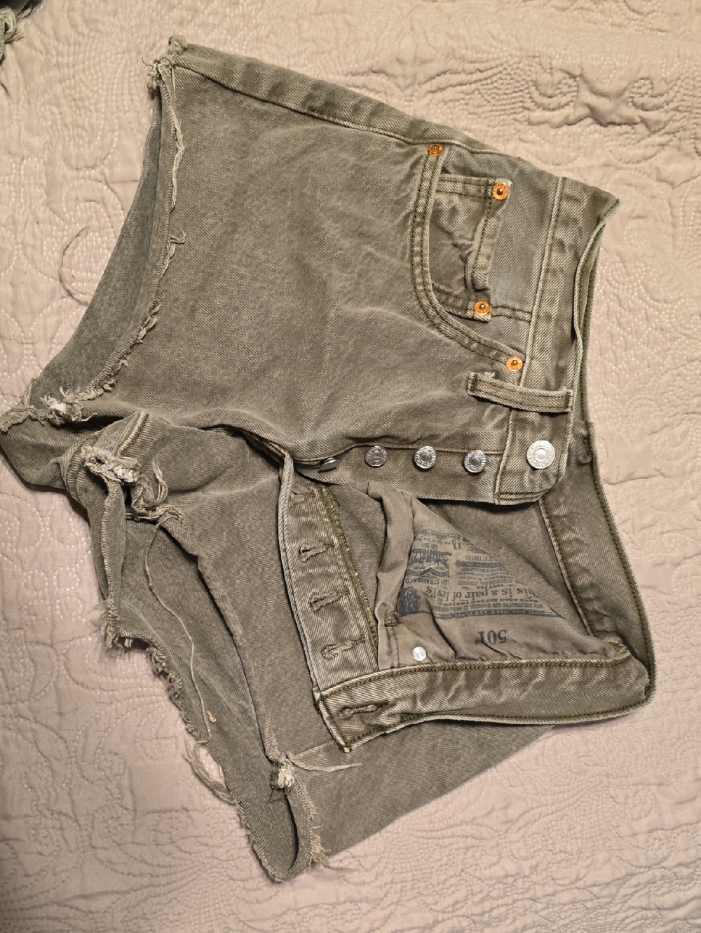 Levi's 501 Olive Green Distressed Denim Cutoff Shorts